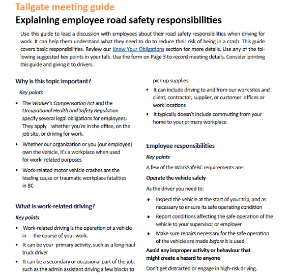 Tailgate meeting guide: Explaining employee road safety responsibilities