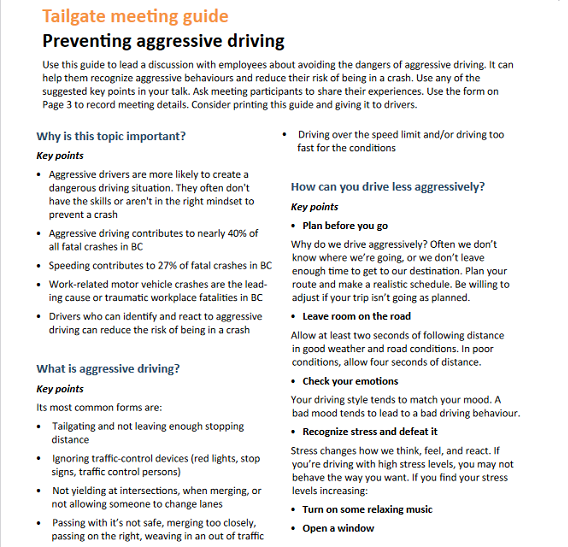 Tailgate meeting guide: Preventing aggressive driving