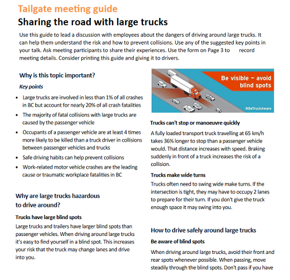 Tailgate meeting guide: Sharing the road with large trucks